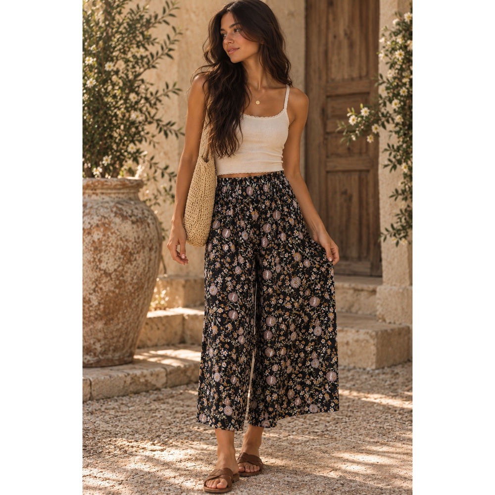 Natural Life Margot Palazzo Pants Black Floral Boho Wide Leg Smocked L/XL